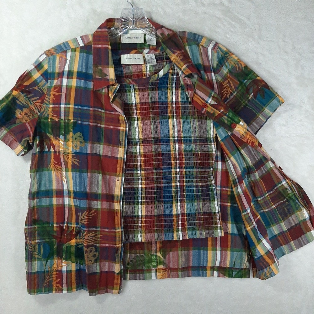 Lemon Grass Womens Plaid Tropical Floral 2 Piece Set Shirt and Smocked Tank L